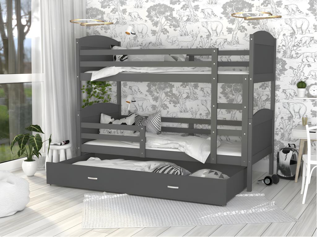 Doucezen Bunk Bed 90x190 Grey - grey. Comes with slatted bed bases, drawers, and 7cm foam mattresses.