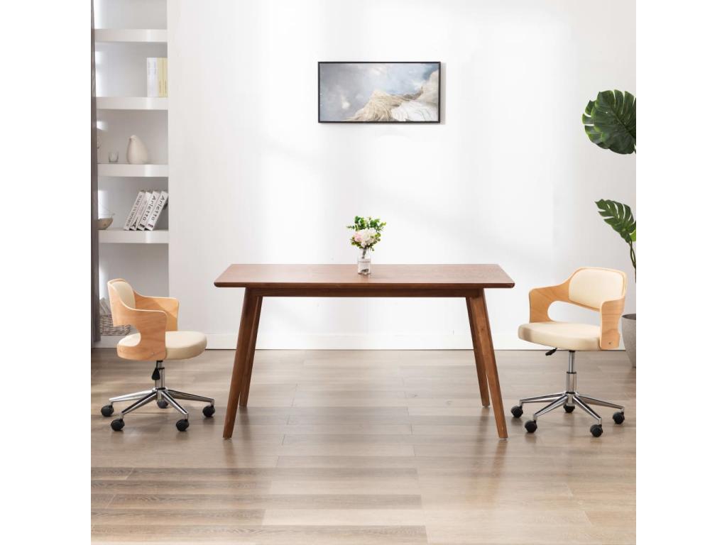 Cream Swivel Office Chair, Bentwood and Faux Leather, 2