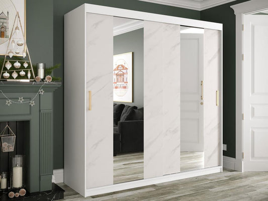 Homzora 244 White Marble Wardrobe - Matte White 200x200x62cm Sliding Wardrobe Doors