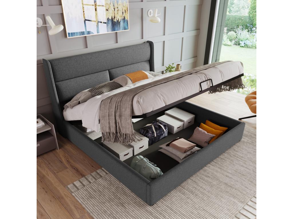 180x200cm storage bed with adjustable headboard in linen fabric - Grey