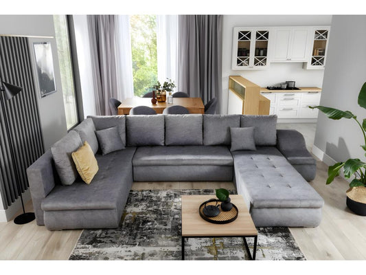 Doucezen 340cm panoramic convertible sofa in black fabric and black faux leather - Right-hand chaise longue