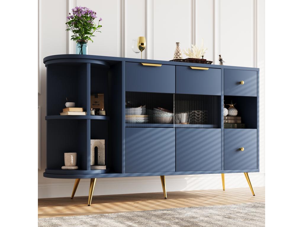 Kitchen sideboard 130x40x80cm living room storage cabinets with sliding glass doors and Doucezenères LED blue MDF
