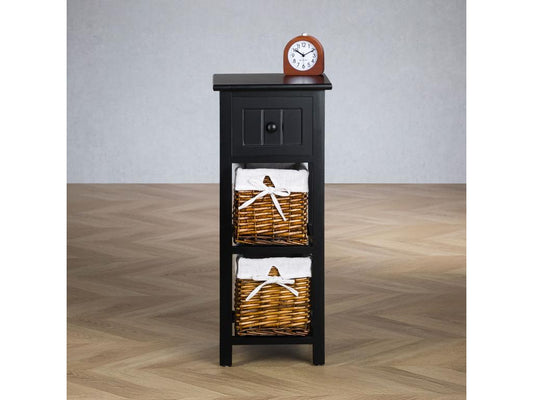 Doucezen bedside table with drawer and two paulownia wood baskets, 28x67x31 cm (WxHxD) - black bedroom storage unit