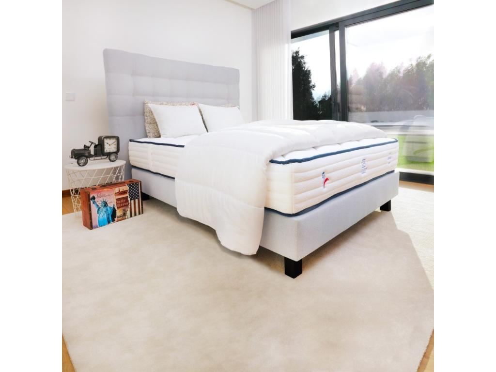 Patriote Mattress Set, 27cm pocket springs, firm summer/winter side, grey slatted base (20cm thick), pillow, duvet, 140x190cm headboard