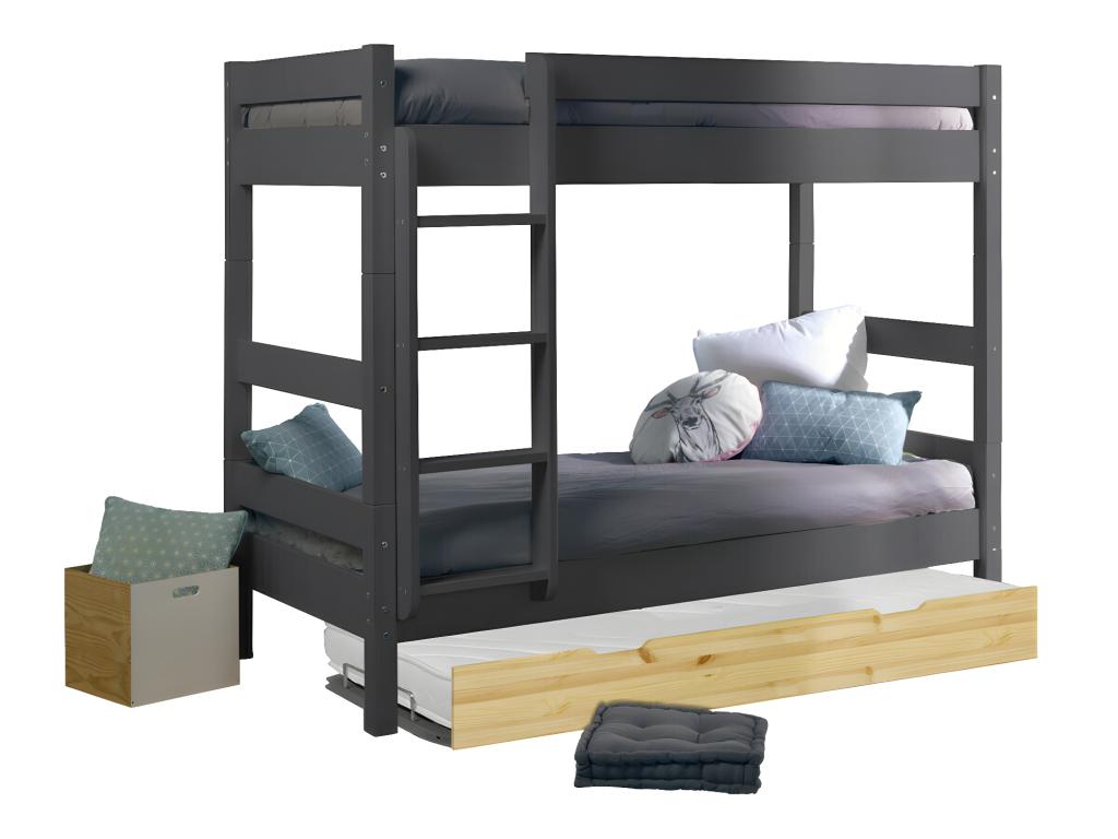 Separable bunk bed with pull-out bed and 90x190 cm mattress, solid grey wood and Doucezen wood