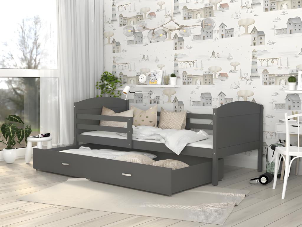 Doucezen Children's Bed 90x190 Grey - grey. Comes with slatted bed base, drawer, and 7cm foam mattress.
