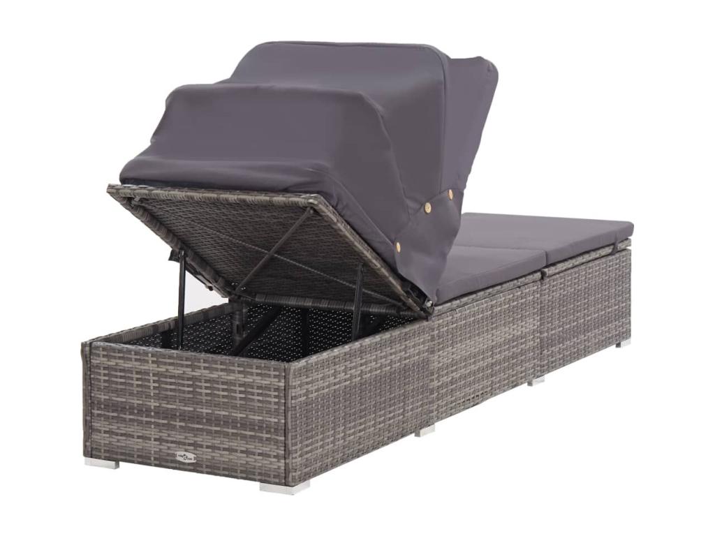 Chaise longue with canopy and cushion, Grey woven resin