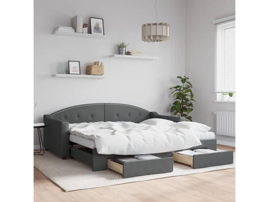 Daybed with trundle and drawers, dark grey, 90x190 cm, fabric