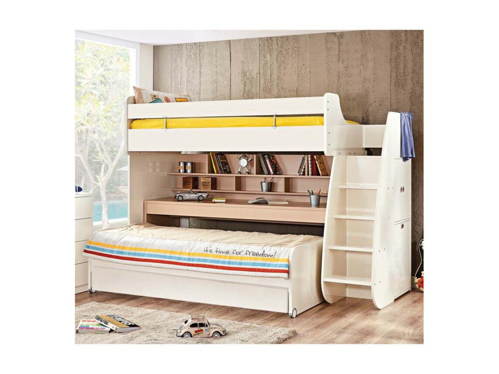 Bunk bed with desk and drawer, white particleboard, 182.7x252x107.8 cm