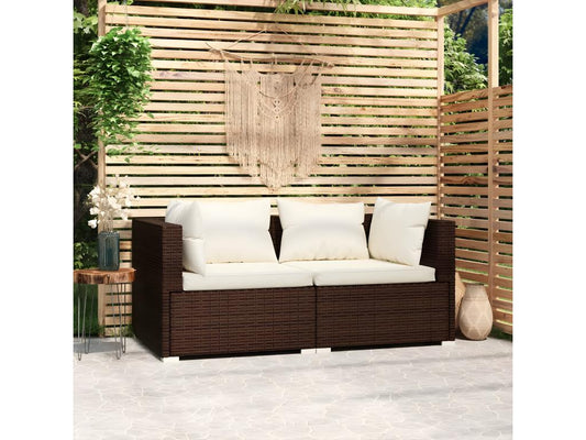 2-seater sofa with cushions, brown, woven resin