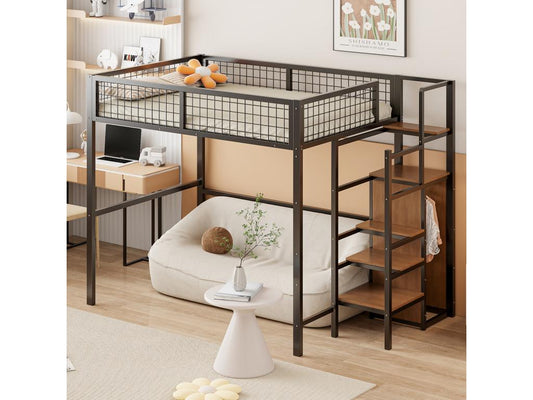 Children's loft bed 140x200 cm with iron frame - with storage ladder and wardrobe - Black