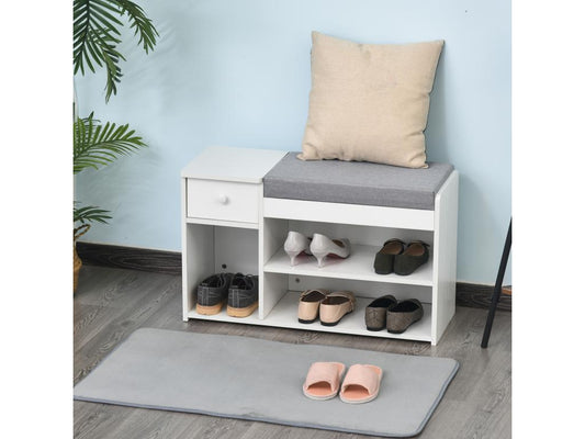 Shoe cabinet, shoe bench with 2 levels, storage niche, drawer, integrated chest with cushion, grey and white