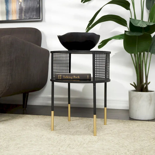 Metal Geometric Open Grid Frame 1 Shelf Accent Table or Coffee Table with Gold Legs Black Roche River Decor