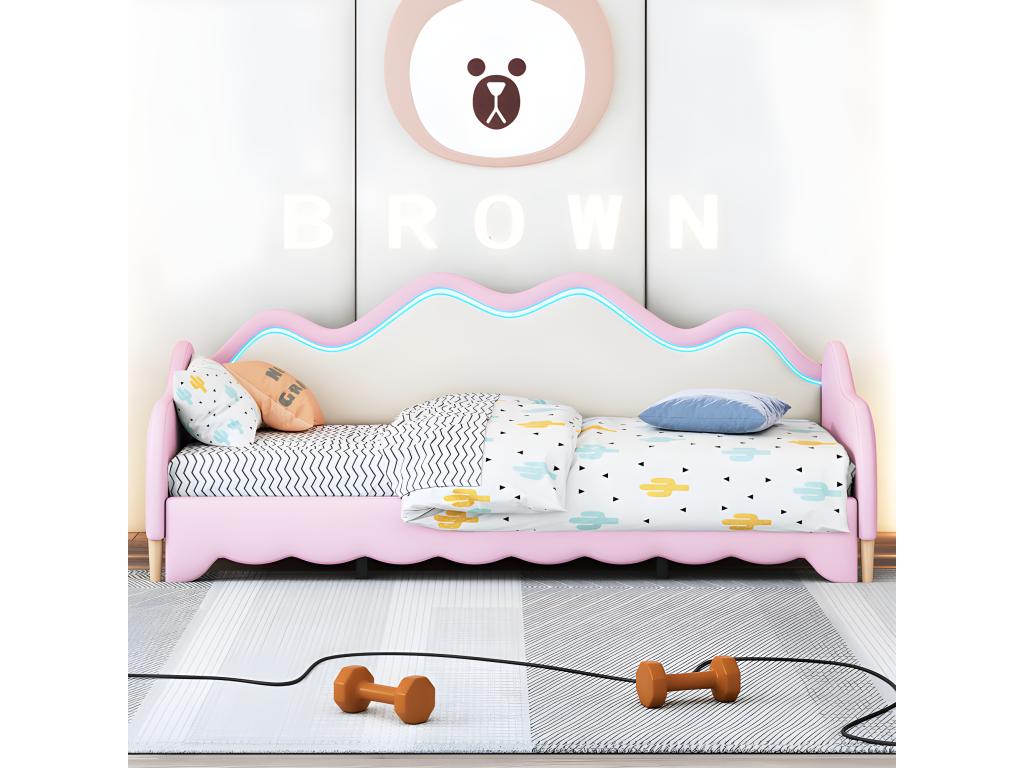 Pull-out trundle bed 90 x 180 x 190 cm - in faux leather - with LED lighting and slatted base by Homzora - Pink