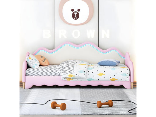 Pull-out trundle bed 90 x 180 x 190 cm - in faux leather - with LED lighting and slatted base by Homzora - Pink