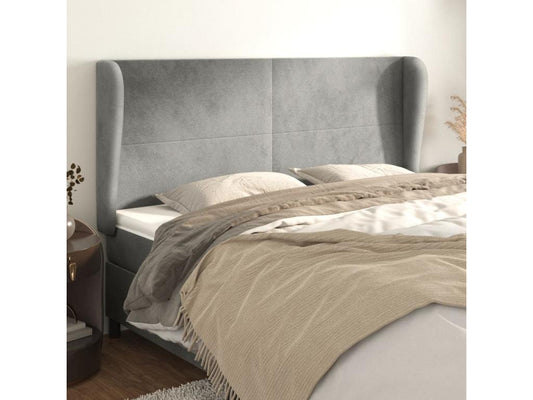 Headboard with wings, light grey, 203x23x118/128 cm, velvet