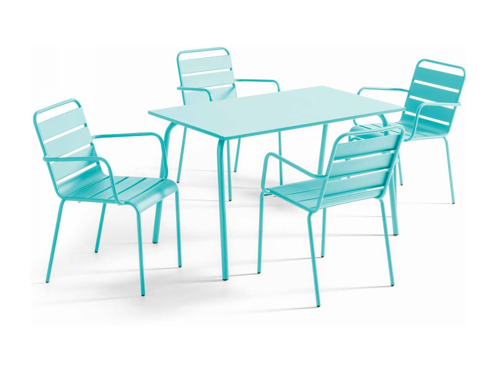Garden table and 4 chairs in turquoise metal - Doucezen