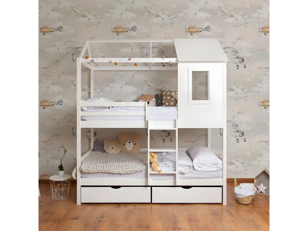 Bunk bed with folding legs, 105cm, white wood, 105x190/105x190cm