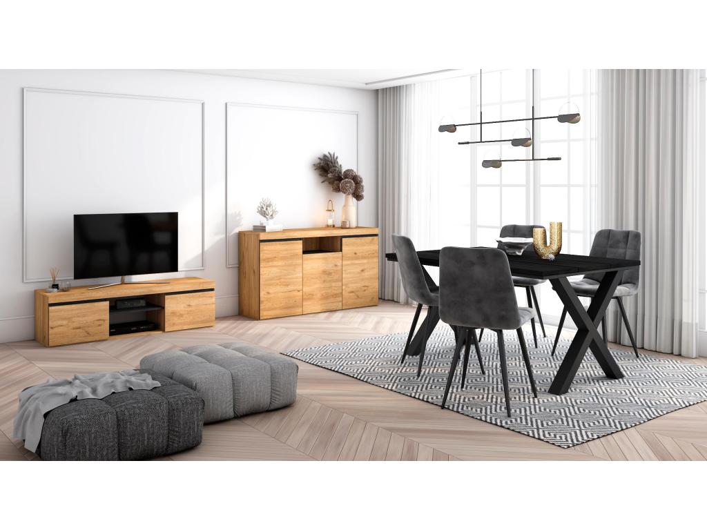 Living room furniture set: 140cm black table with legs, seats 6; 140cm TV stand; 140cm sideboard/buffet in oak and industrial black