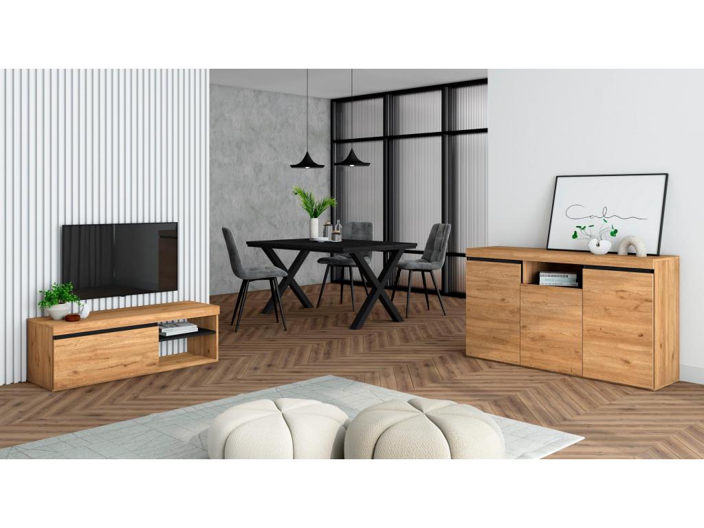 Living room furniture set: 140cm black table with legs, seats 6; 120cm TV stand; 140cm sideboard/buffet in oak and industrial black