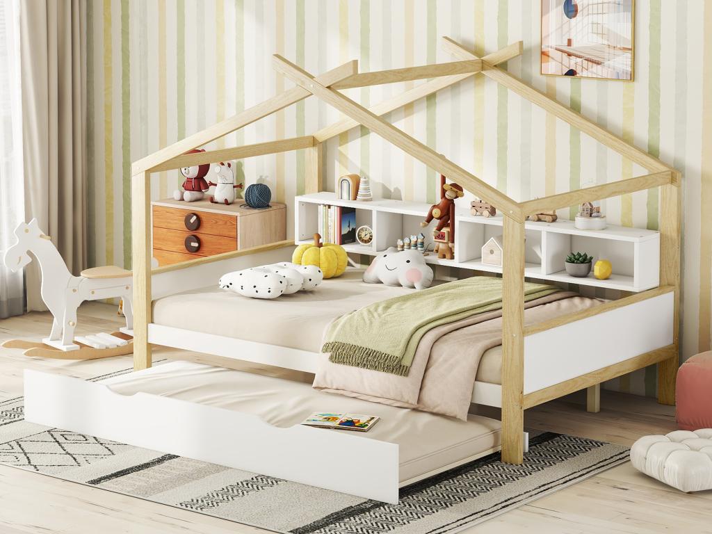 Cabin bed 140x200 cm with trundle bed 90x180 cm - 4 niches - Pine wood - white