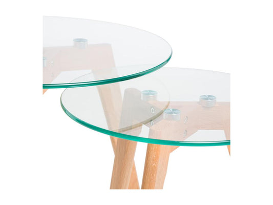 Doucezen Set of 2 Nesting Coffee Tables in Tempered Glass and Natural Wood