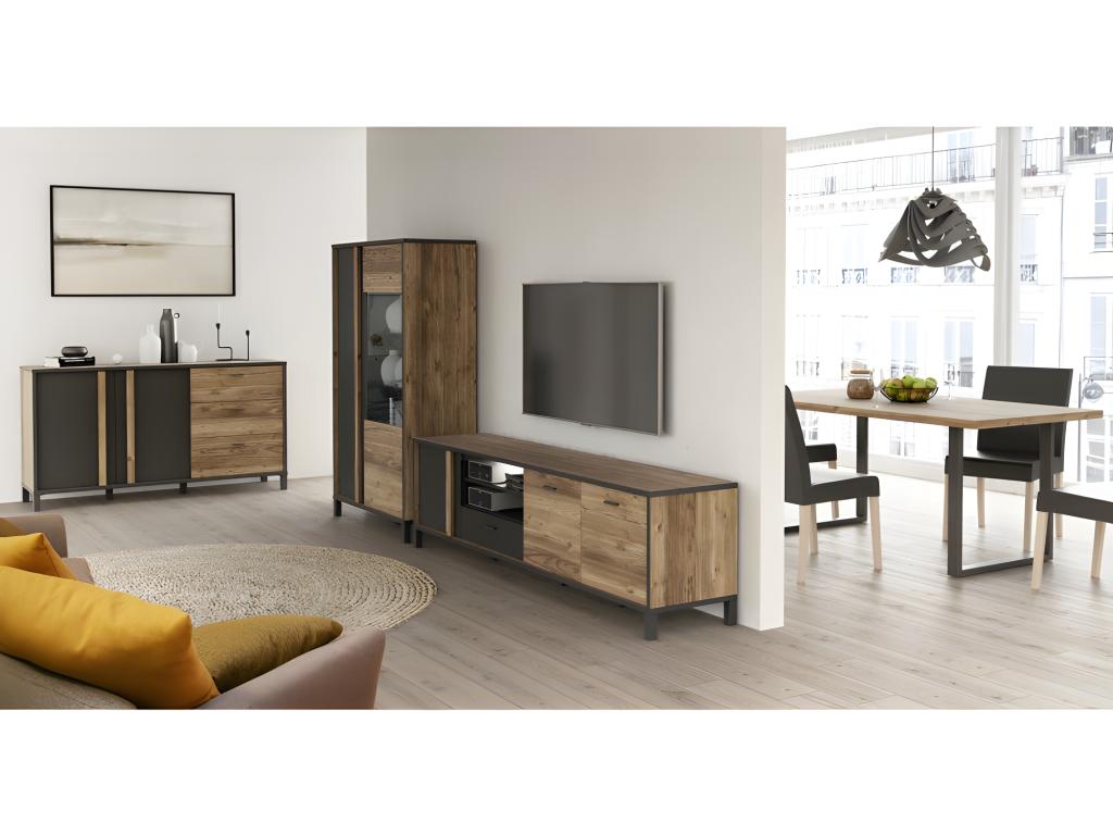 155cm TV stand with 2 doors, wood and black finish, black metal legs - Doucezen