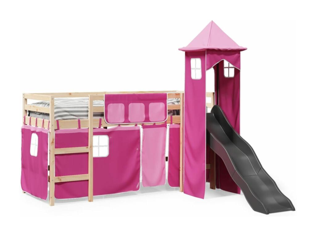 Children's loft bed with pink tower, 80x200cm, solid pine wood