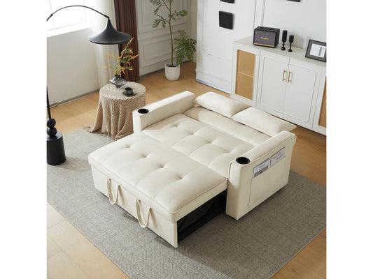 Adjustable multi-angle folding sofa bed - 2-seater - velvet fabric - with cup holder and pillows - Beige