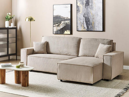 Right-hand corner extendable sofa bed with removable cushions upholstered in beige corduroy, Doucezen