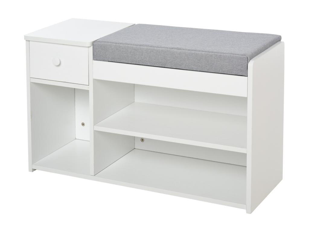 Shoe cabinet, shoe bench with 2 levels, storage niche, drawer, integrated chest with cushion, grey and white