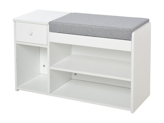 Shoe cabinet, shoe bench with 2 levels, storage niche, drawer, integrated chest with cushion, grey and white