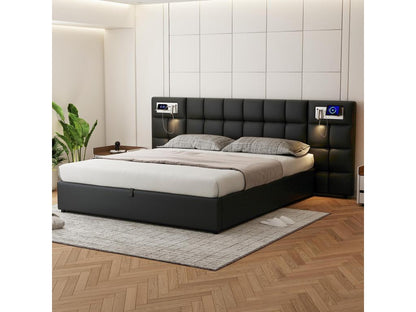 180x200 cm storage bed with large headboard - USB port / wireless charging / light - Linen fabric - Black (mattress not included)