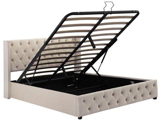 140x200 cm storage bed, double bed upholstered in velvet, decorated with rivets and buttons, slatted base, Homzora style, beige