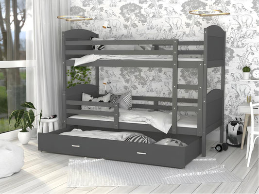 Doucezen Bunk Bed 90x190 Grey - grey. Comes with slatted bed bases, drawers, and 7cm foam mattresses.