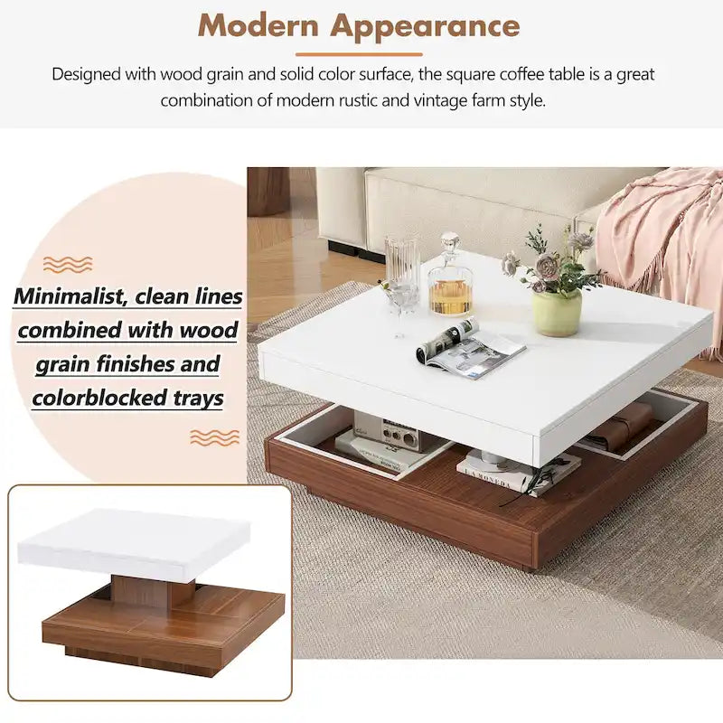 Modern 2-Tier Square 360Rotating Coffee Table with 3 Detachable Tray