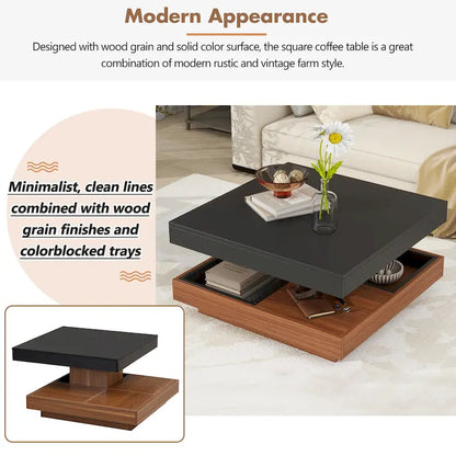 Modern 2-Tier Square 360Rotating Coffee Table with 3 Detachable Tray