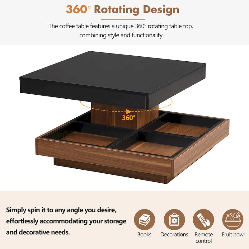 Modern 2-Tier Square 360Rotating Coffee Table with 3 Detachable Tray