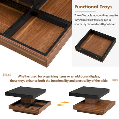 Modern 2-Tier Square 360Rotating Coffee Table with 3 Detachable Tray