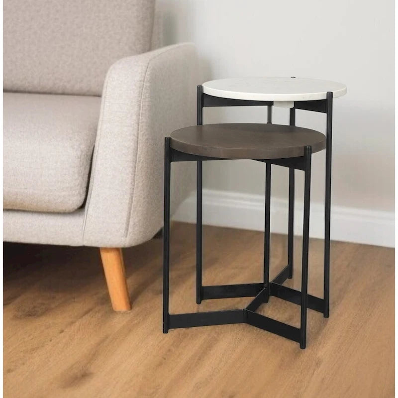 HomeRoots Set of Two Brown White and Black Marble Solid Wood and Metal Round Nested Tables - 16' X '24' X '16