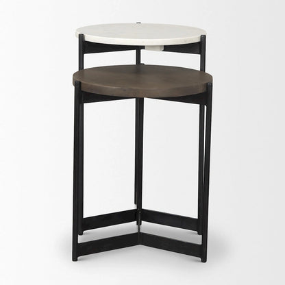 HomeRoots Set of Two Brown White and Black Marble Solid Wood and Metal Round Nested Tables - 16' X '24' X '16