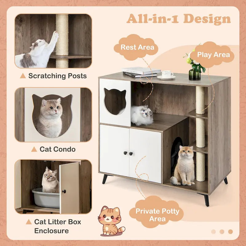 Gymax Cat Litter Box Enclosure 5-in-1 Enlarged Cat Litter Cabinet