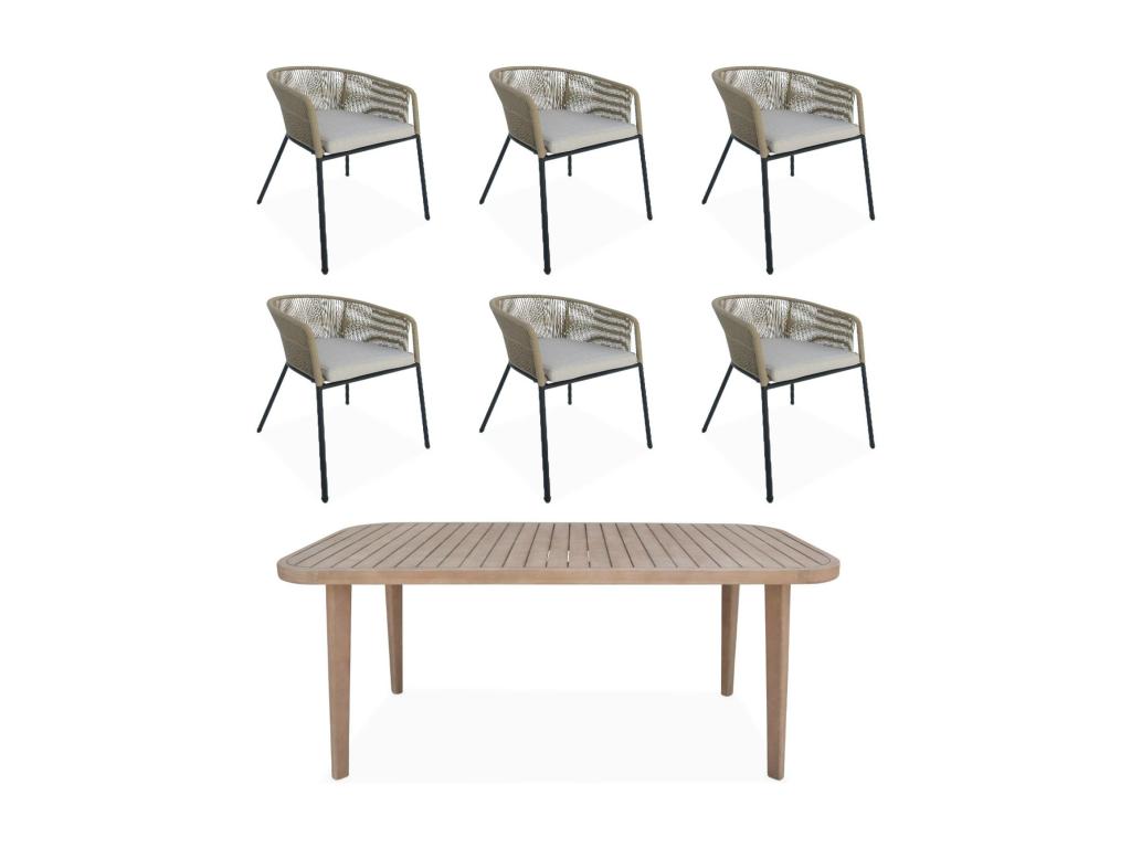 Garden table in eucalyptus wood - indoor/outdoor; 6 armchairs in beige rope and metal
