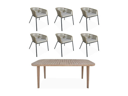 Garden table in eucalyptus wood - indoor/outdoor; 6 armchairs in beige rope and metal