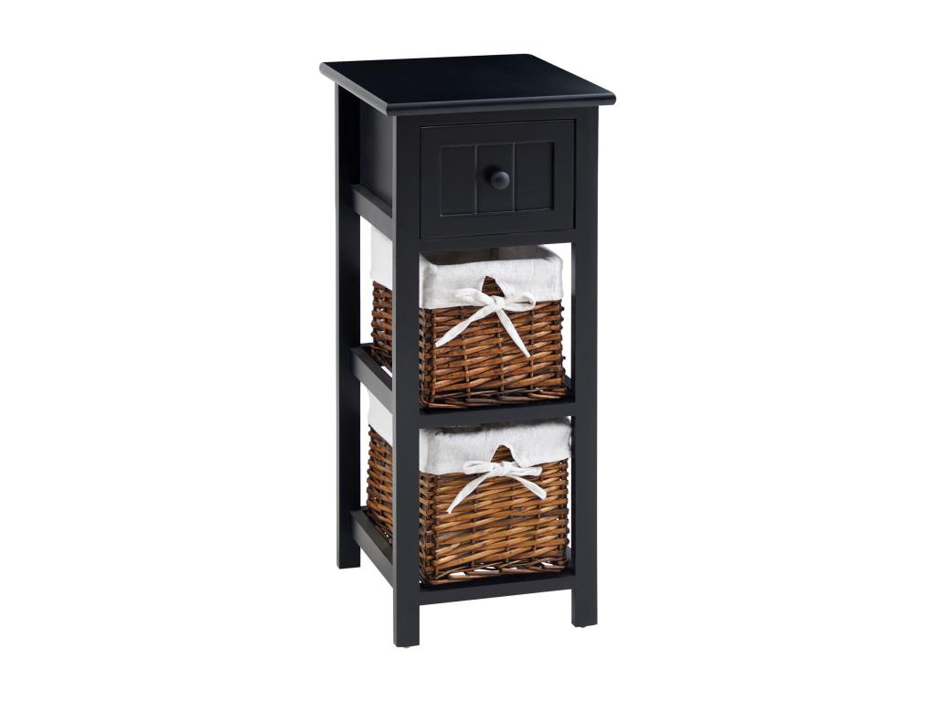 Doucezen bedside table with drawer and two paulownia wood baskets, 28x67x31 cm (WxHxD) - black bedroom storage unit