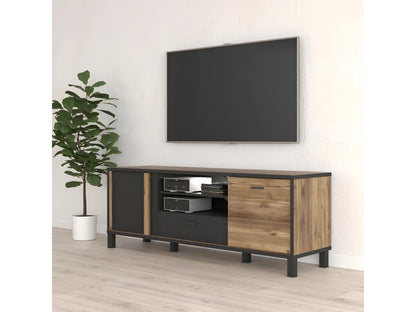 155cm TV stand with 2 doors, wood and black finish, black metal legs - Doucezen