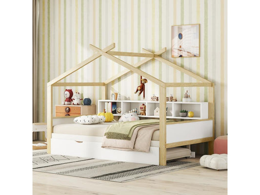 Cabin bed 140x200 cm with trundle bed 90x180 cm - 4 niches - Pine wood - white