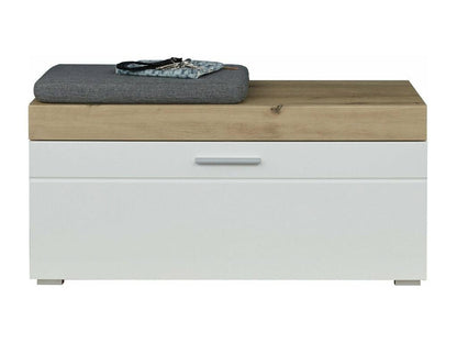 Entryway bench with 1 drop-leaf seat in oak and glossy white finish, 91 cm wide - Doucezen