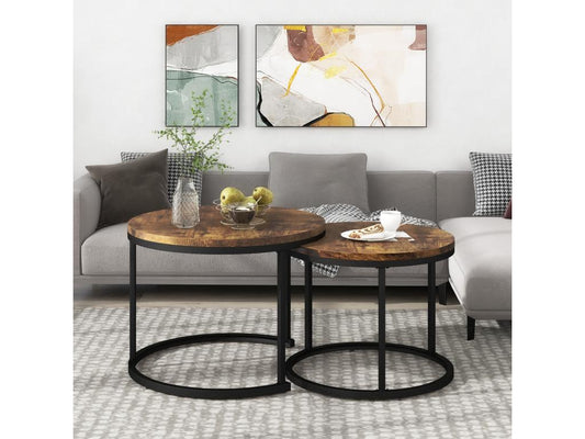 Set of 2 nesting coffee tables, round side tables in MDF with marble veneer, industrial style, brown