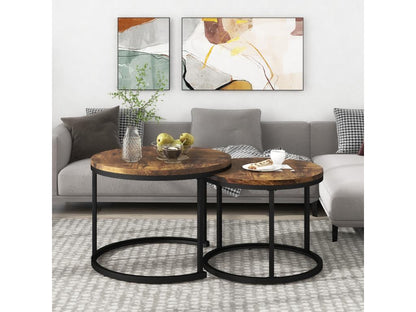 Set of 2 nesting coffee tables, round side tables in MDF with marble veneer, industrial style, brown
